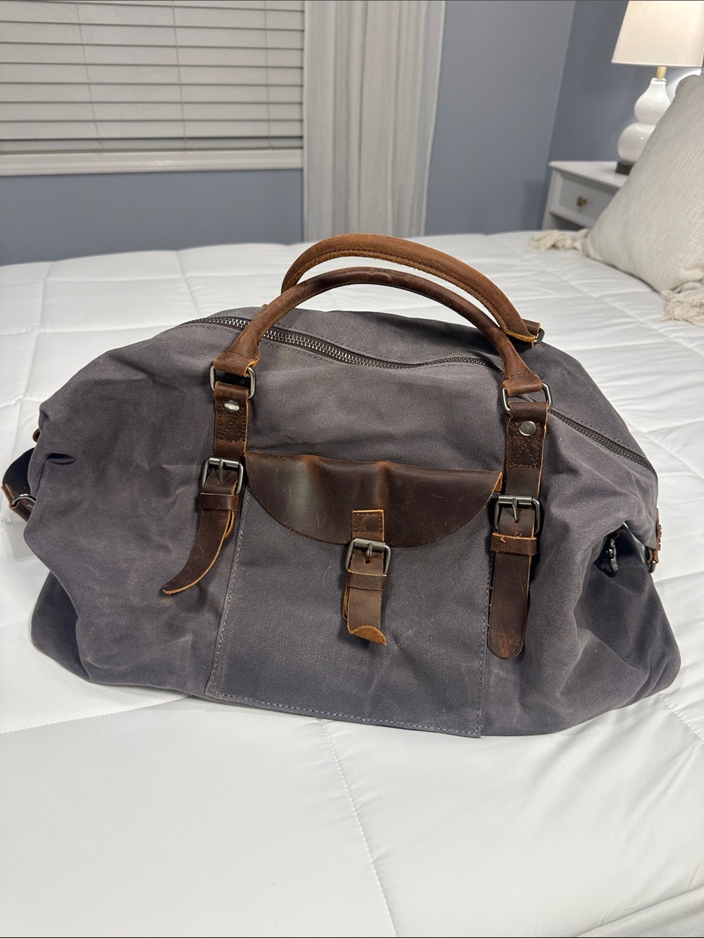 NEWHEY Weekender Leather Trim Waxed Canvas Duffle Bag Shoulder Strap Carryon